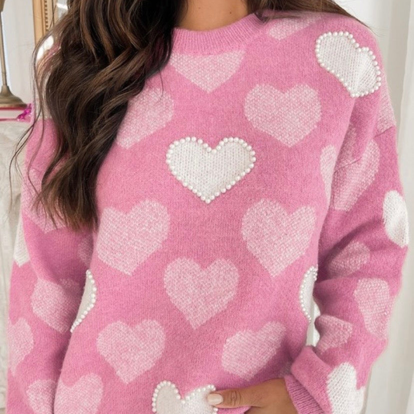 Pearled Heart Print Valentine’s Crew Neck Sweater