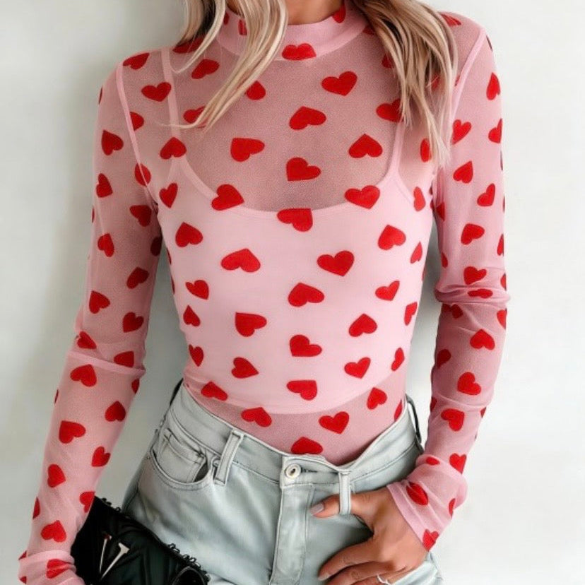 Heart Printed Mock Neck Sheer Mesh Long Sleeve Top