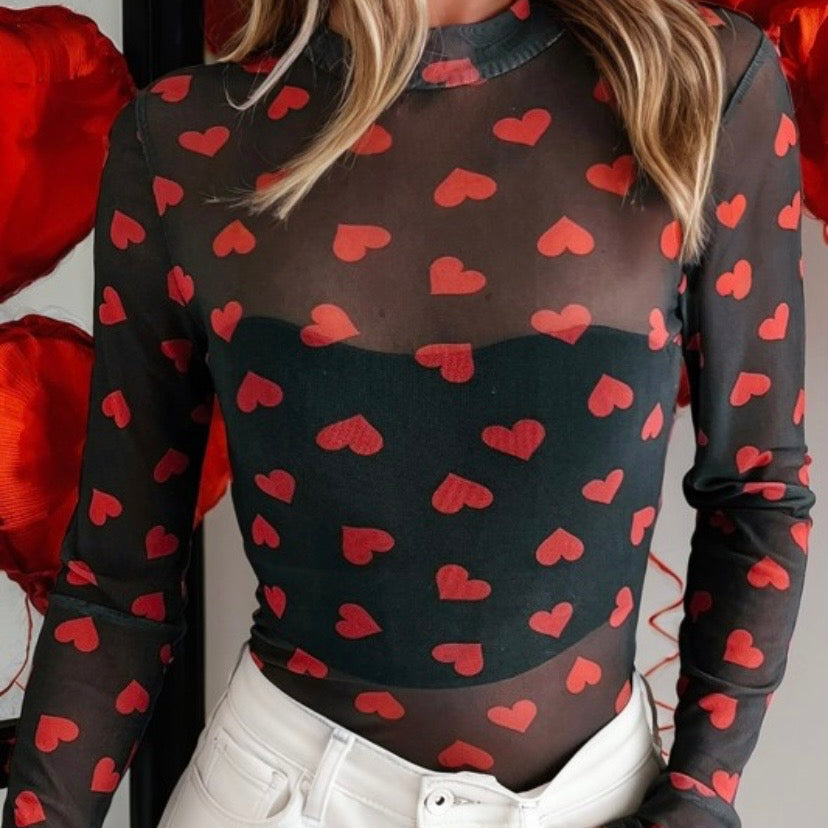 Heart Printed Mock Neck Sheer Mesh Long Sleeve Top
