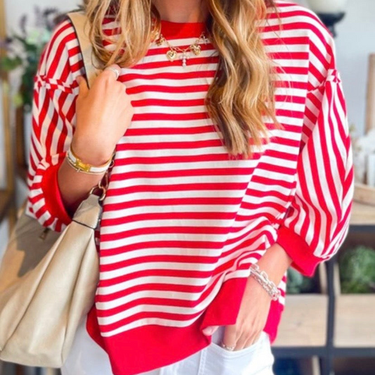 Red Stripe Exposed Seam Casual Pullover Top