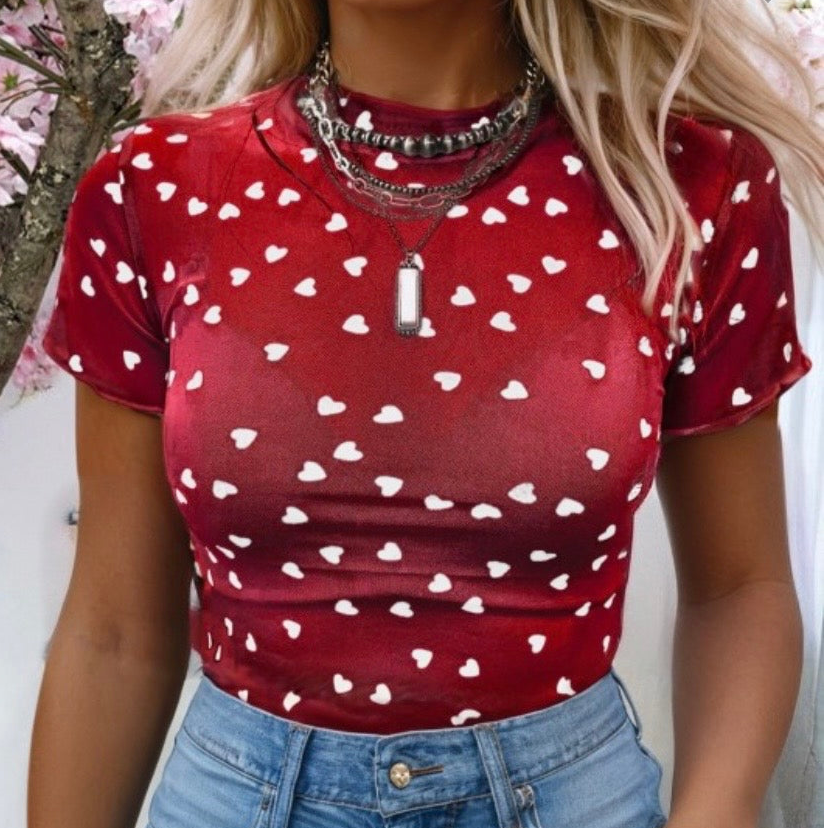 Heart Mock Neck Mesh Short Sleeve Top