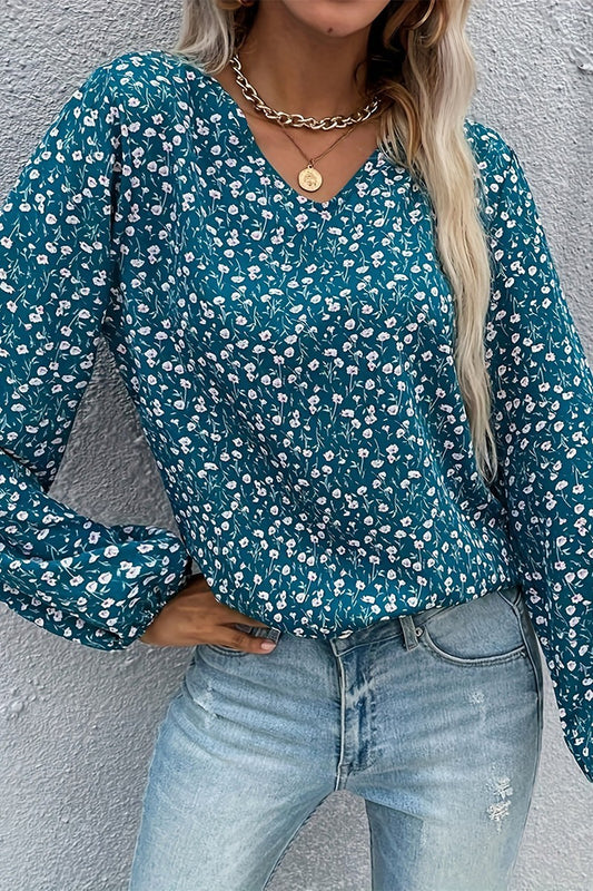 Floral Pullover V Neck Ruffled Long Sleeve Top