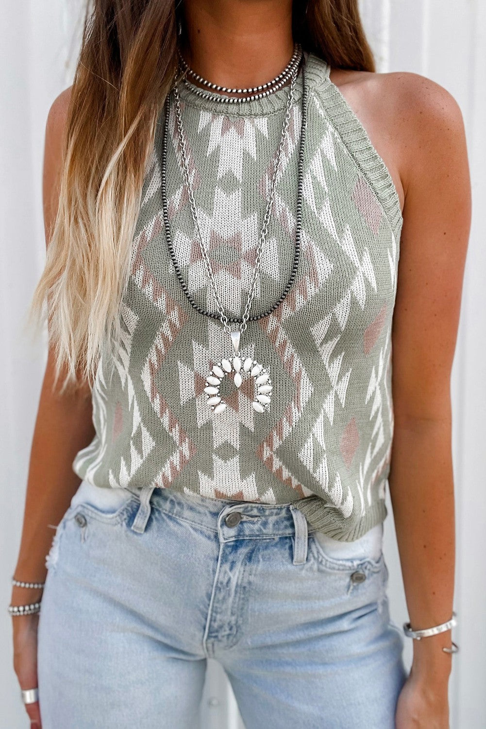 Western Tribal Aztec Pattern Knit Tank Top