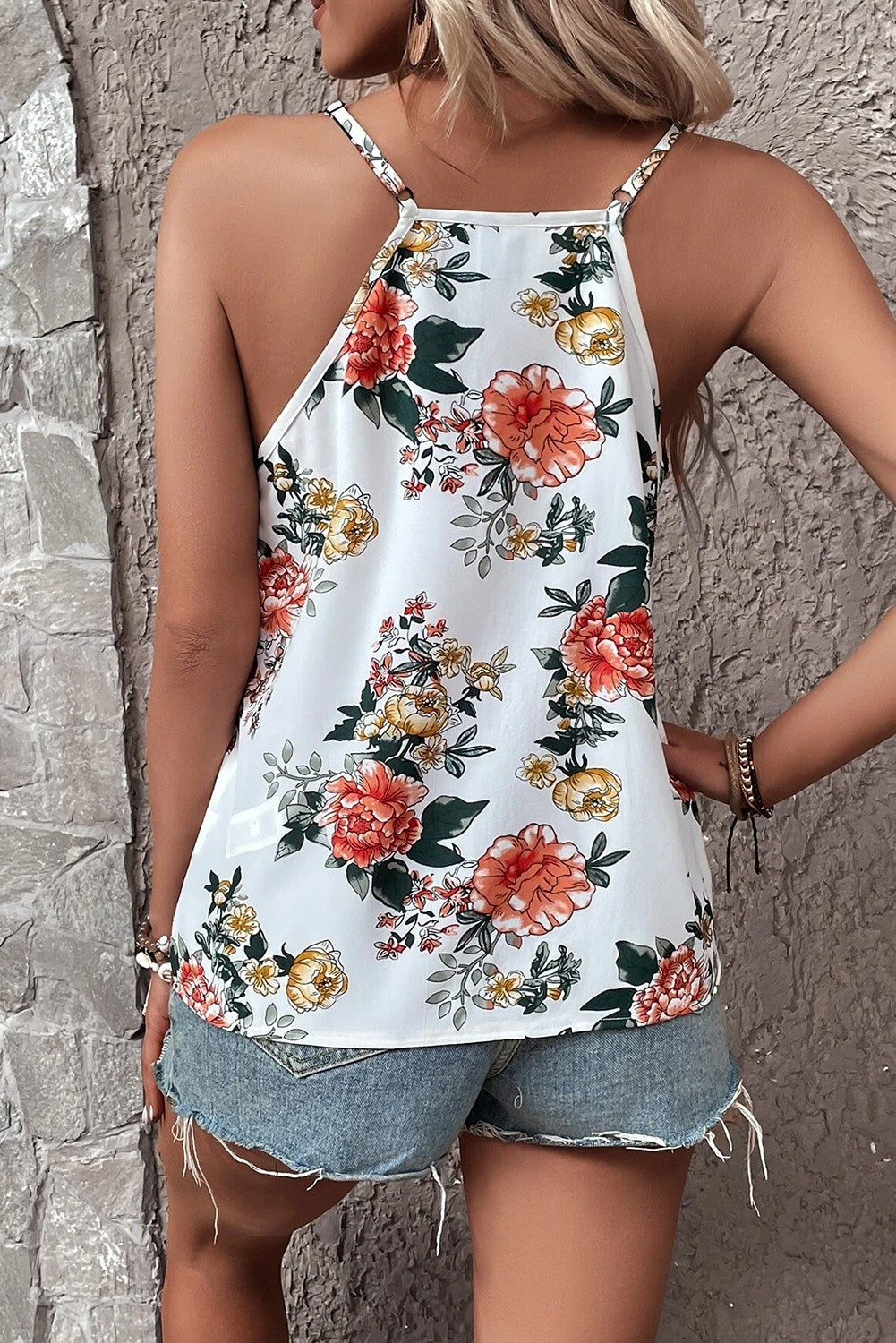 White Floral Print Lace V Neck Tank Top