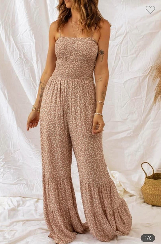 Straps Smocked Bodice Wide Leg Floral Jumpsuit