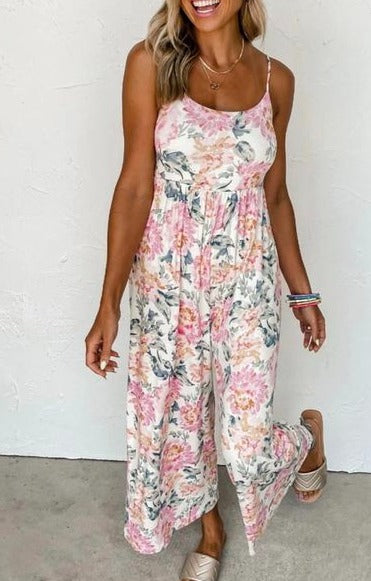 White Floral Empire Waist Wide Leg Jumpsuit