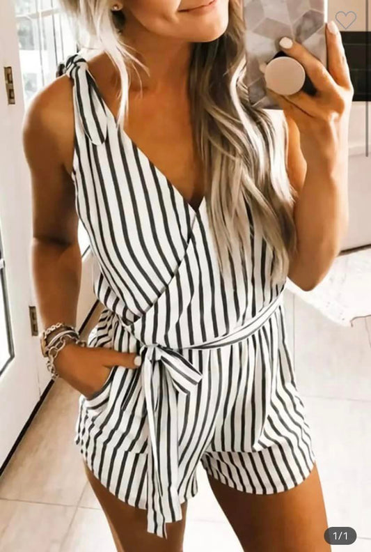 White Striped Print Wrap Sleeveless Romper